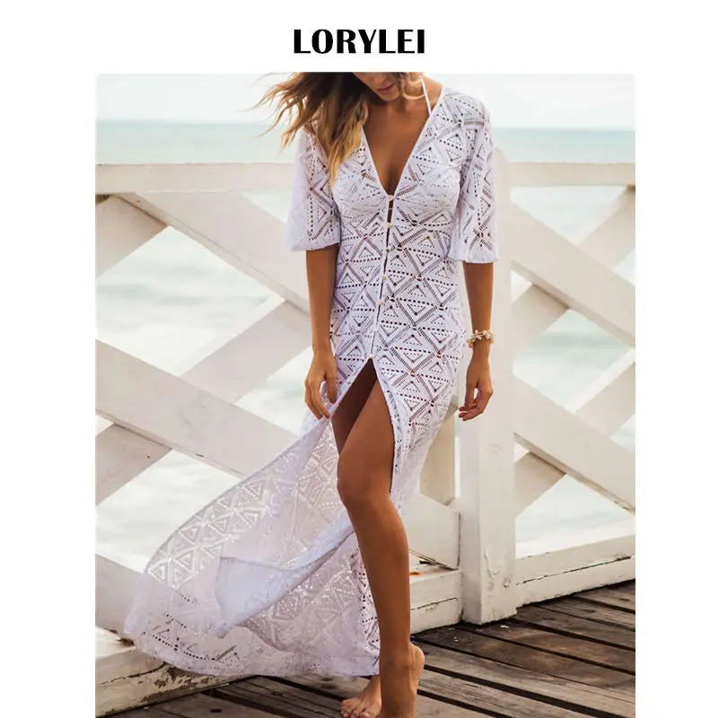 Сексуальное Кружевное пляжное платье с коротким рукавом и разрезом спереди