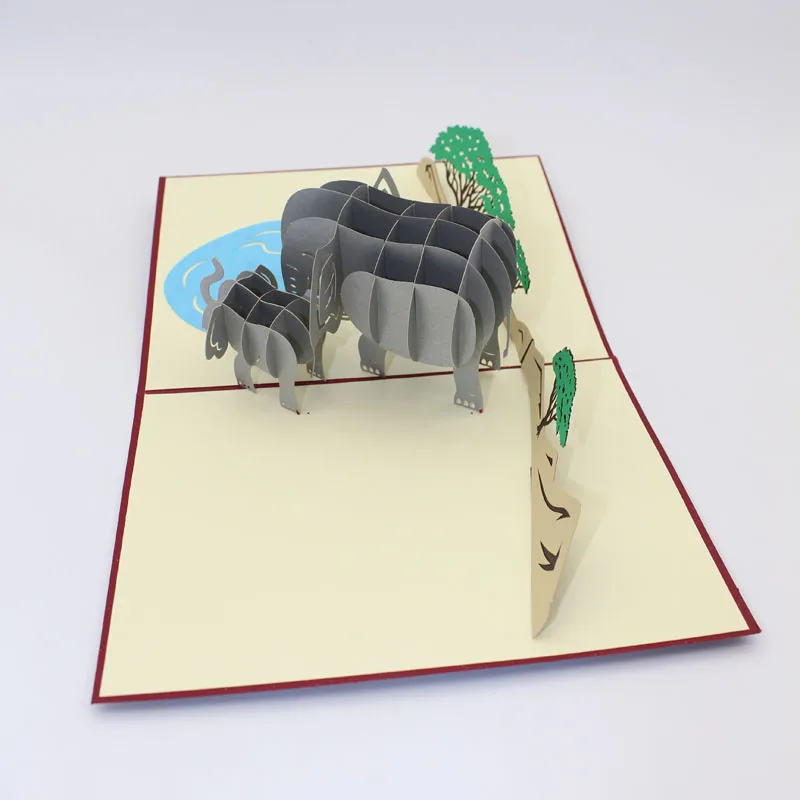  3D Laser Cut Folding Handmade Thailand Cartoon Elephant Paper Invitation Greeting Cards+Envelope Bi - 32804296057