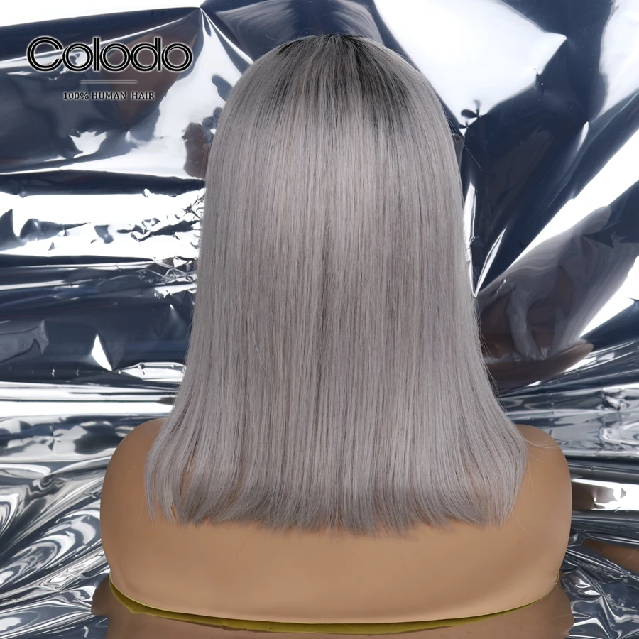 COLODO Ombre Platinum Blonde remy волосы на кружеве парик 1" серые прямые человеческие волосы парики 13x4 предварительно сорванные Бразильские короткие парики