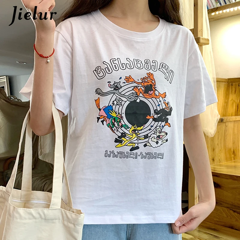 

Jielur Ulzzang T shirts Women Funny Cartoon Print Chicly Kawaii Simple T-shirt Mujer Preppy Kpop Girls Summer Femme Tee Top 2019