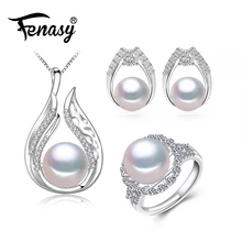 FENASY Свадебные обручальные ювелирные наборы натуральный жемчуг кулон ожерелье женские сережки-гвоздики большие вечерние серебряные кольца женские