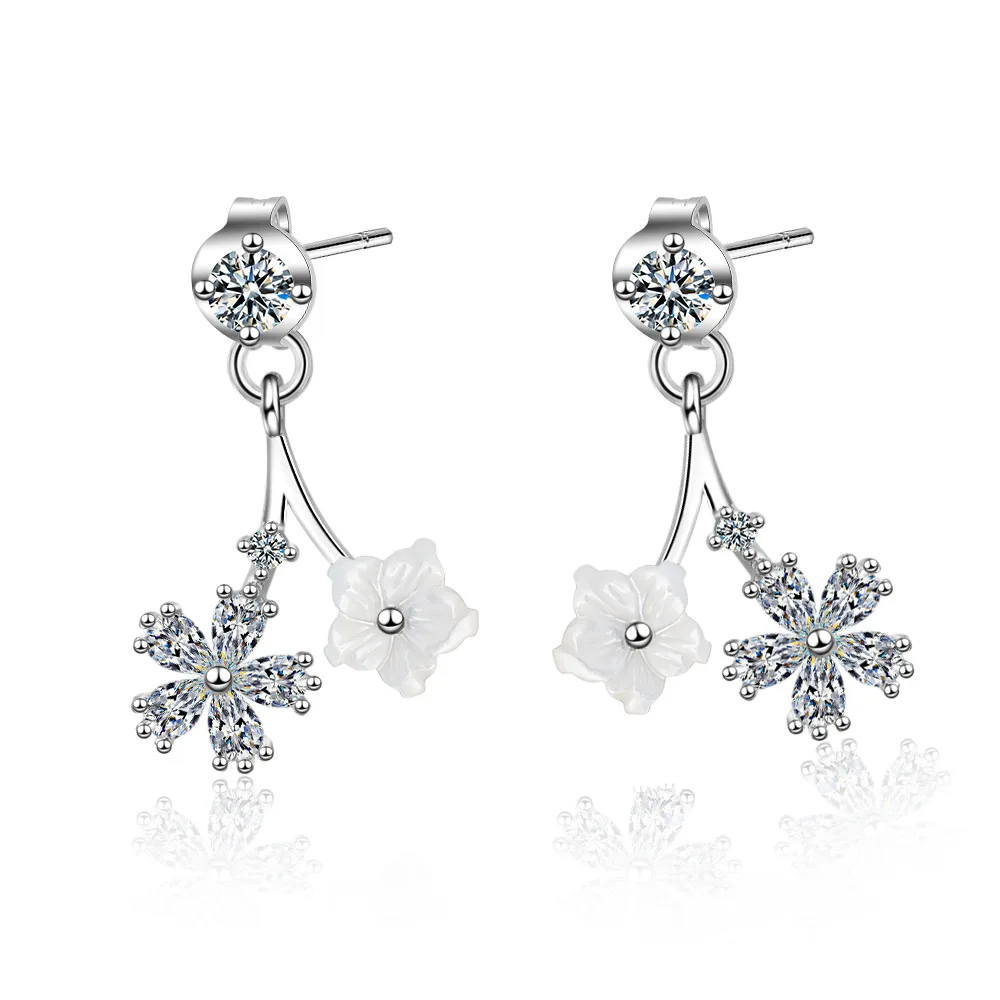 XIYANIKE 925 Sterling Silver Jewelry Double Flowers Shine Zircon Pendant Earrings For Women Lady Gift Trendy Cute 2019 New | Украшения и