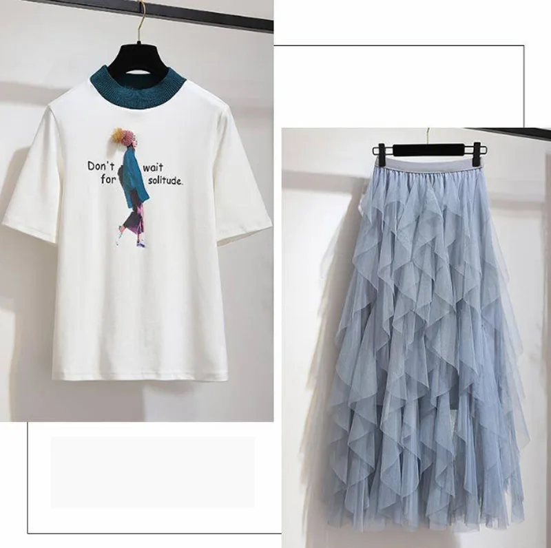 2019 летние женские комплекты футболка и многослойные юбки с оборками Женские комплекты