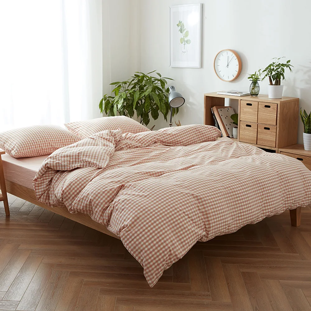 Square Plaid Pattern Queen King Size 100 Cotton Bedding Set For