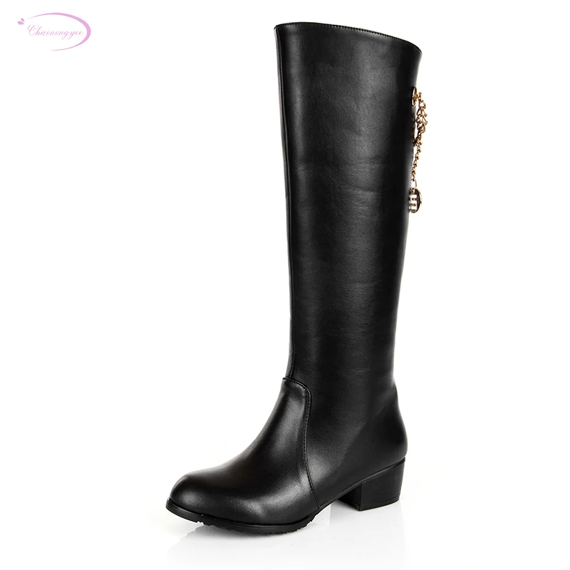 

Chainingyee handmade quality custom metal chain knights decoration leather knee high boots med with women's boots