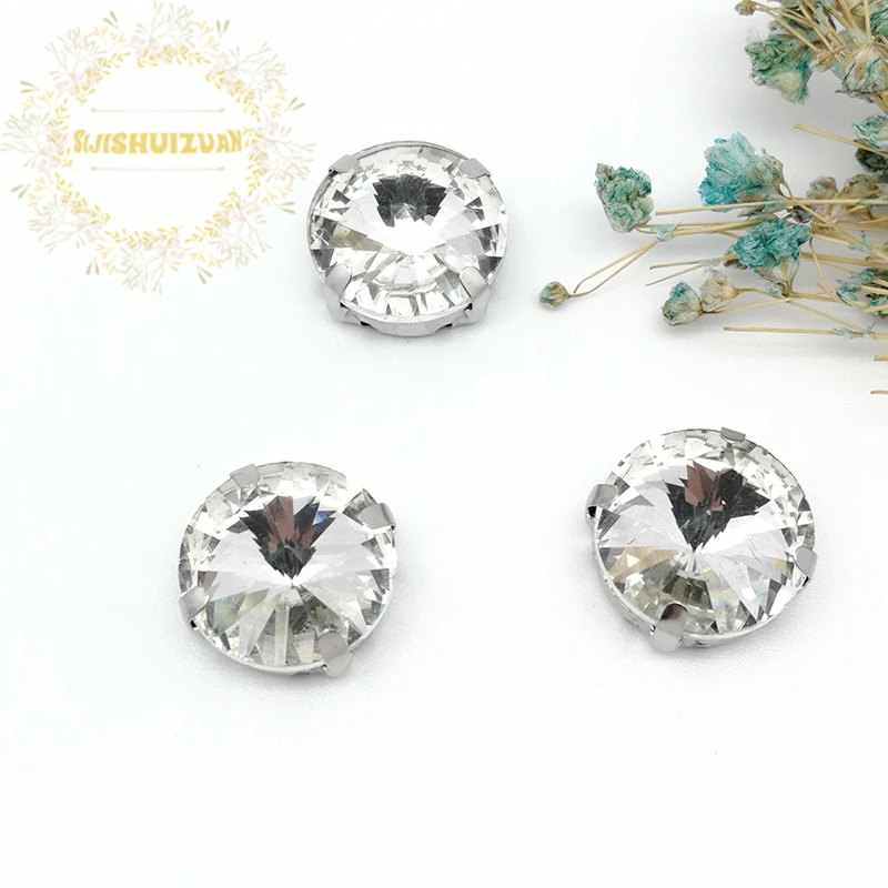 

In Common Use Circular Satellite white Crystal Glass Sewing Rhinestones Whith Claw DIY Jeans Woman and Wedding Dresses