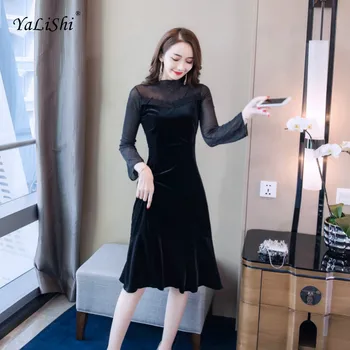 

2019 Solid A-line Dress Autumn Women Black Long Sleeve Stand Vintage Velvet Party Dress Elegant Vestidos Longo Dresses Ladies