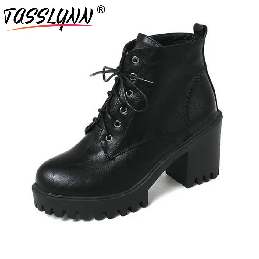 

TASSLYNN 2018 Women Boots Winter Short Plush Ankle Boots Square High Heels Round Toe Lace Up Shoes Black Ladies Boots Size 34-43