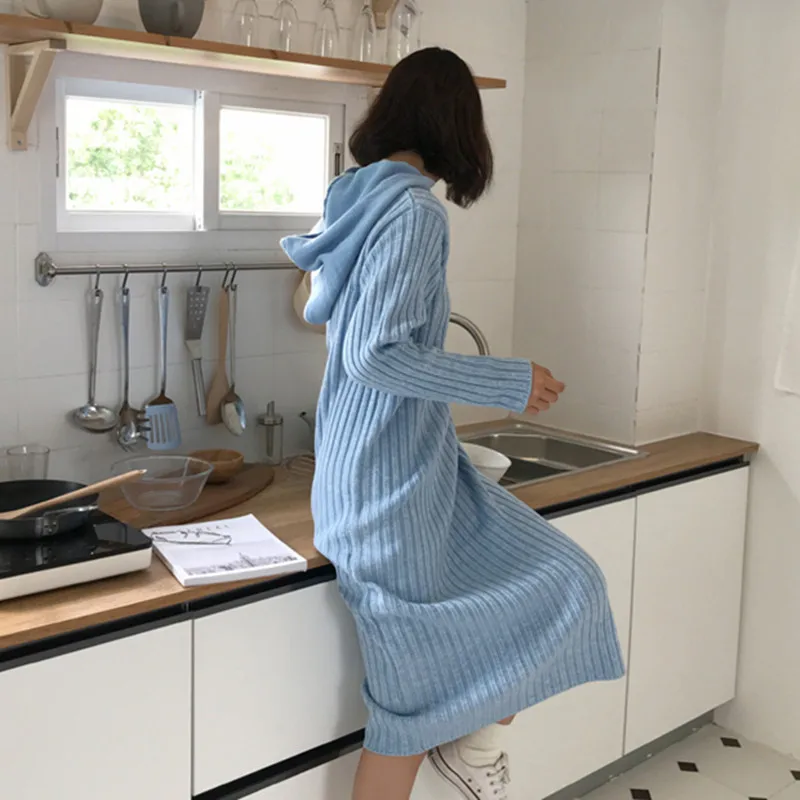 

4800# Hoodied Thicken Warm Knitted Maternity Long Sweaters Dresses Winter Korean Fashion Clothes for Pregnant Women Pregnancy