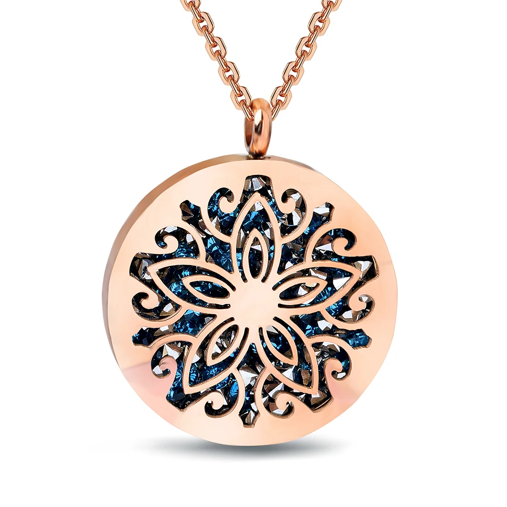 

New Stylish Fashion Flower Pendant Necklace With Full Blue Crystal Jewelry For Women Necklace Rose Gold Color Stainless Steel