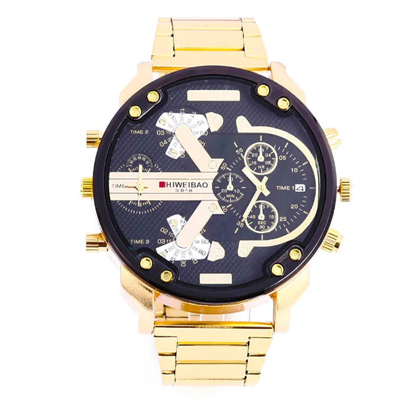 dz style military watches for men dual tiome zones golden steel band cool big case mens watches quartz wrist watch man (5)