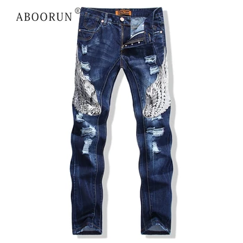 

ABOORUN Sequin Mens Jeans Male Eagle Wings Embroidery Stitching Sequins Hole Jeans Slim Pants Ribbed Mens Robin Jeans R1524