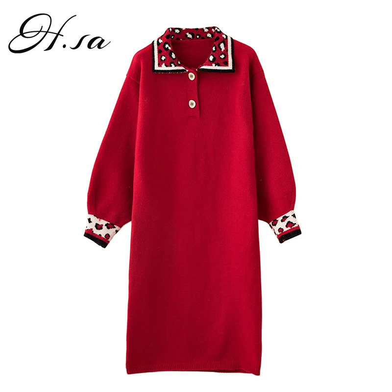 

H.SA Spring New Women Long Sweater Dresses Turn Down Collars Leopard Ankle Length Sweater and Pulovers Korean Fashion Clothing
