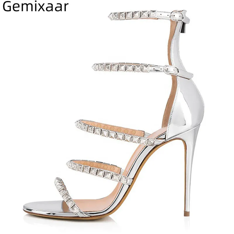 

Silver Thin Band Shoes Woman Round Toe Cover Heel Decor Zipper Sandalias Narrow Strap Studded Crystal High Heel Woman Sandals 43