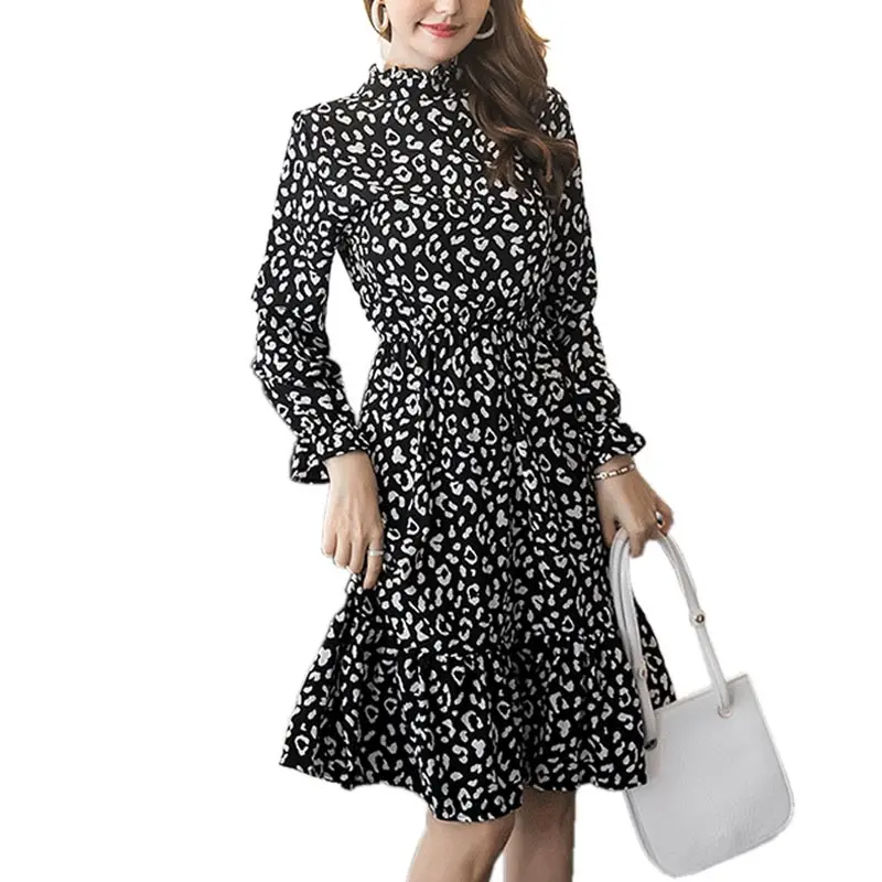 

Summer Autumn Chiffon Leopard Print Dress Elegant Casual Long Women Dresses Long Sleeve Stand Collar Drape Ruffle Dress Female