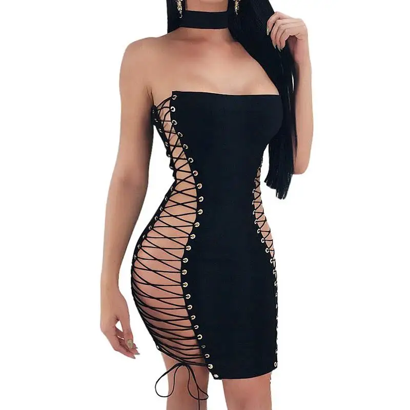 Летние пикантные с открытыми плечами сбоку Criss Cross бинты Для женщин платья Bodycon