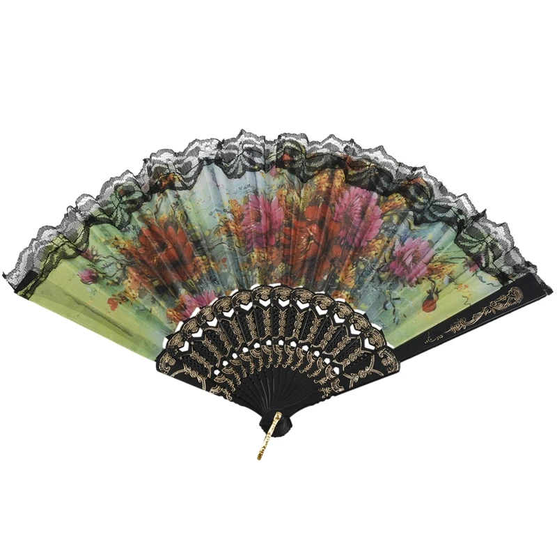 

LBER Lady flower Print Chinese Japanese Foldable Hand Fan Black