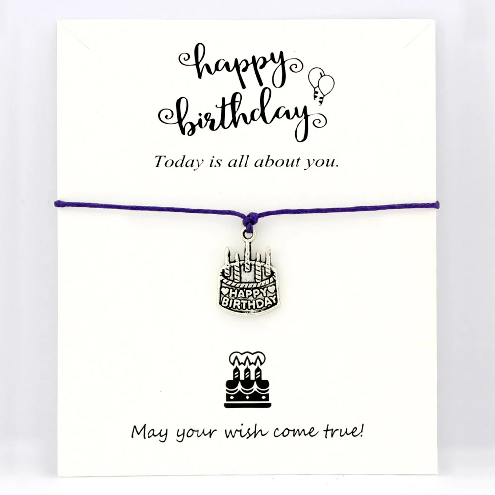 

Happy Birthday Cake Antique Silver Charm Bracelets with Card Red Black Women Men Unisex Handmade Jewelry Drop Shipping Gift