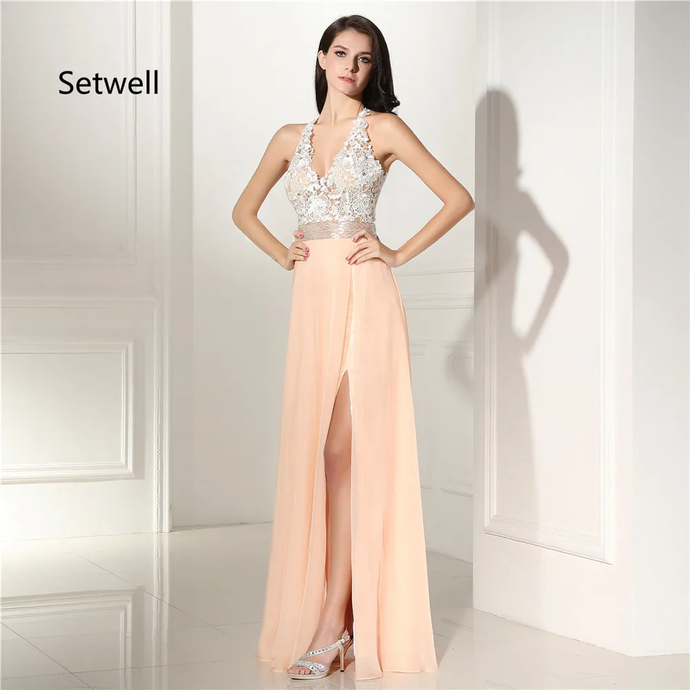 

Setwell Elegant Side Split Evening Dresses 2017 Charming Deep V-Neck Backless Prom Gowns High Quality Sequin Lace Evening Dress
