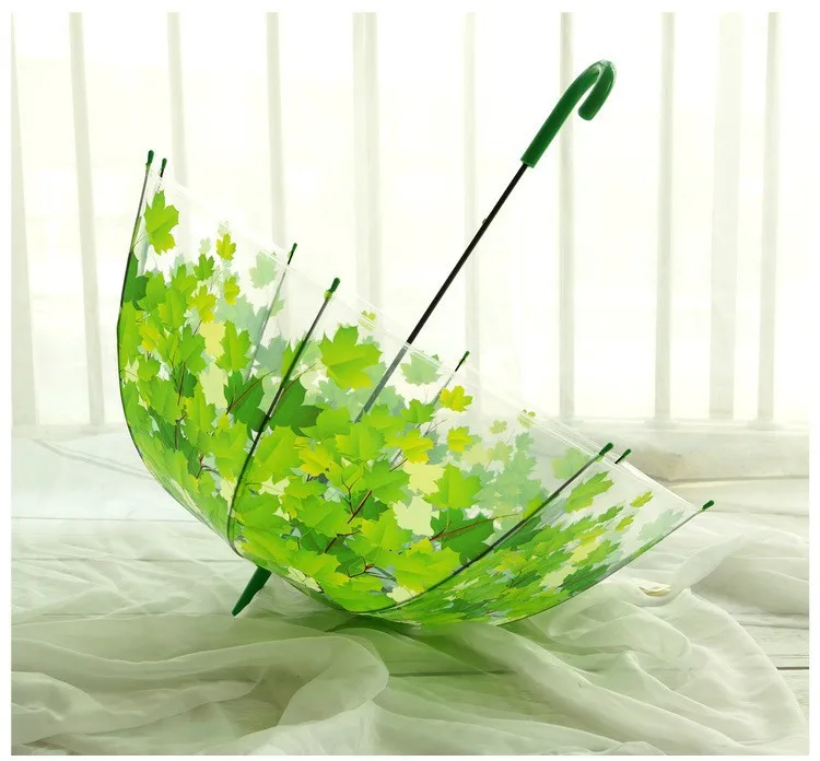 Transparent umbrella long handle green leaf transparent umbrella straight rod hook hook umbrella bubble PVC umbrella zara women