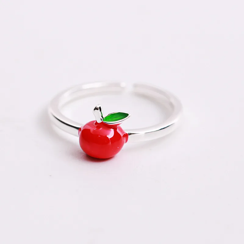 mini christmas apple red Drop glaze open ring 100% Sterling 925 silver Jewelry Vintage Adjustable rings for women gift