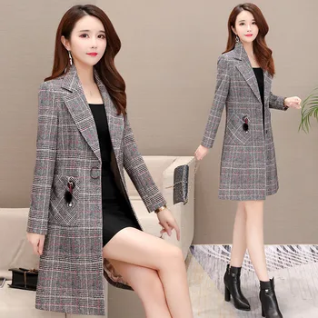 

Casual Plus Size Plaid Jacket Female 2020 Spring Autumn Coat Vintage Slim Long Windbreaker Women Winter Long Blazes Suits X505