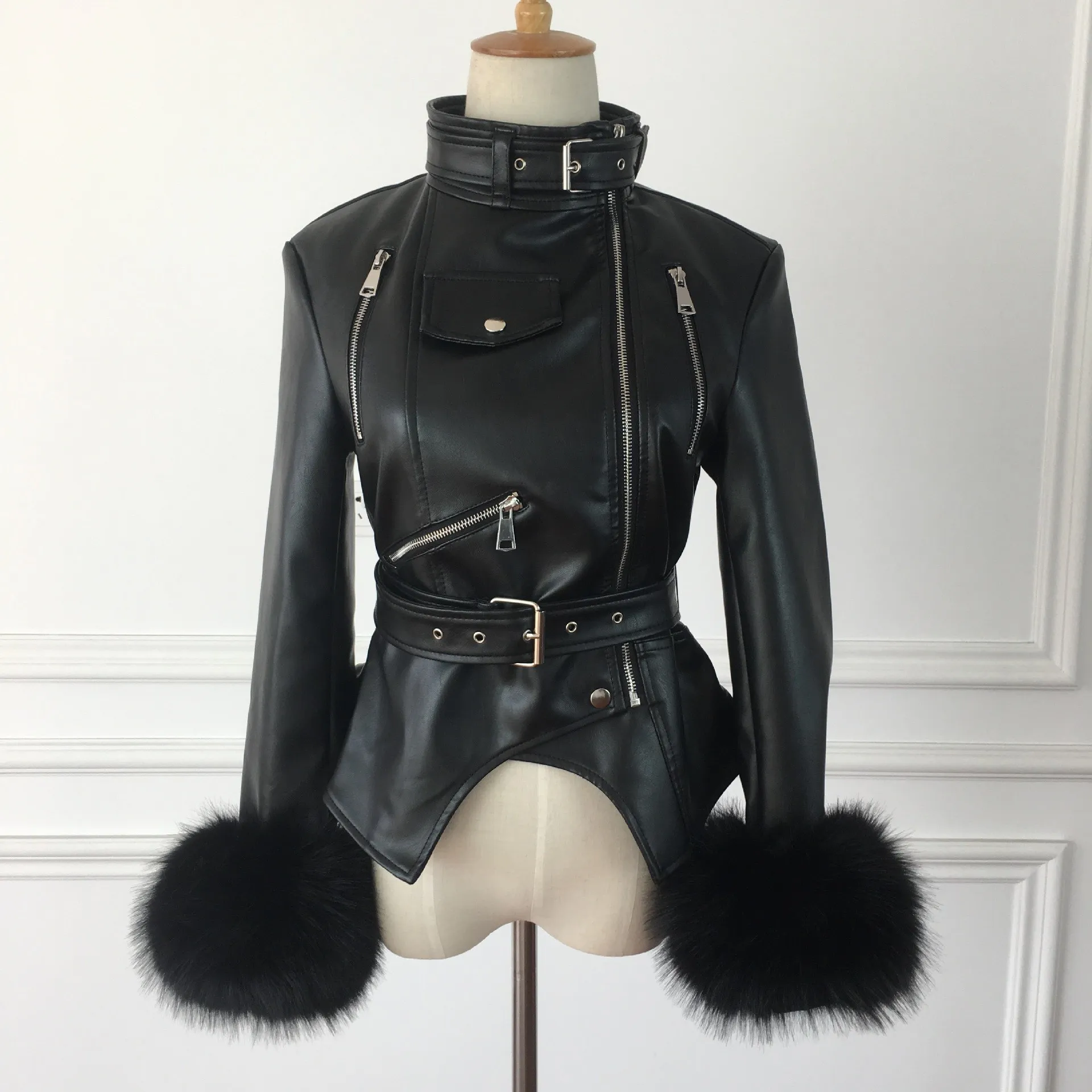 Winter Autumn Casual Gothic Faux Leather Coats Mandarin Collar Faux Fur Sleeve Motorcycle Jacket Black Outerwear Pu Jacket