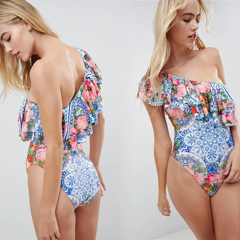 

Frilling One Piece Bathing Suit One Shoulder Swimwear Floral Monokini Flounced Bodysuit Sexy Swimsuit Beachwear Maillot De Bain
