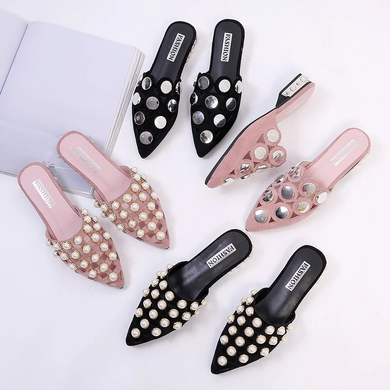 

Slippers Modis Leather Rubber Low Female Air Mesh New 2019 Mules Summer Ladies Solid Slides Korean Breathable Sandals Slipon