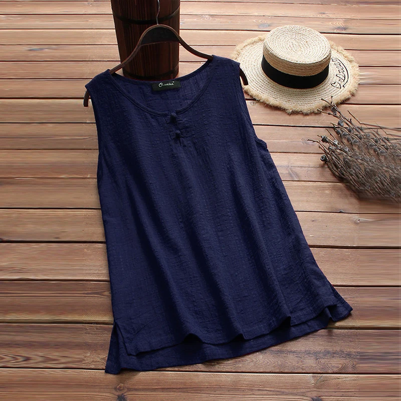 

2019 Summer Top Blusas Women Baggy Tank Shirt Plus Size Blusa Feminina Casual Solid Sleeveless O Neck Cotton Linen Blouse S-5XL