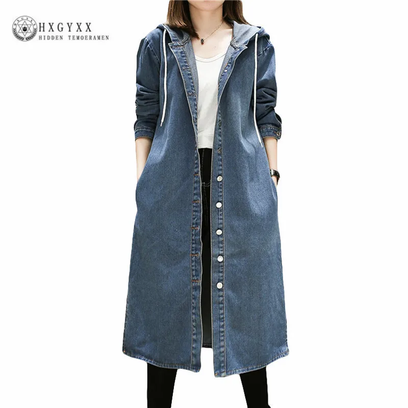 

2019 Spring Autumn Denim Trench Coat Women Fashion Long Hooded Overcoat Casual Single Breasted 5XL Plus Size Windbreaker Okd391