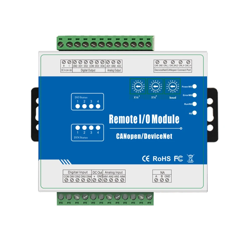 CANopen Remote I/O Module inbuilt Watchdog Supports High Speed Pulse Counter 4DI+4DO+4AI+2AO M120C CANopen Remote I/O Module inbuilt Watchdog Supports High Speed Pulse Counter 4DI+4DO+4AI+2AO M120C