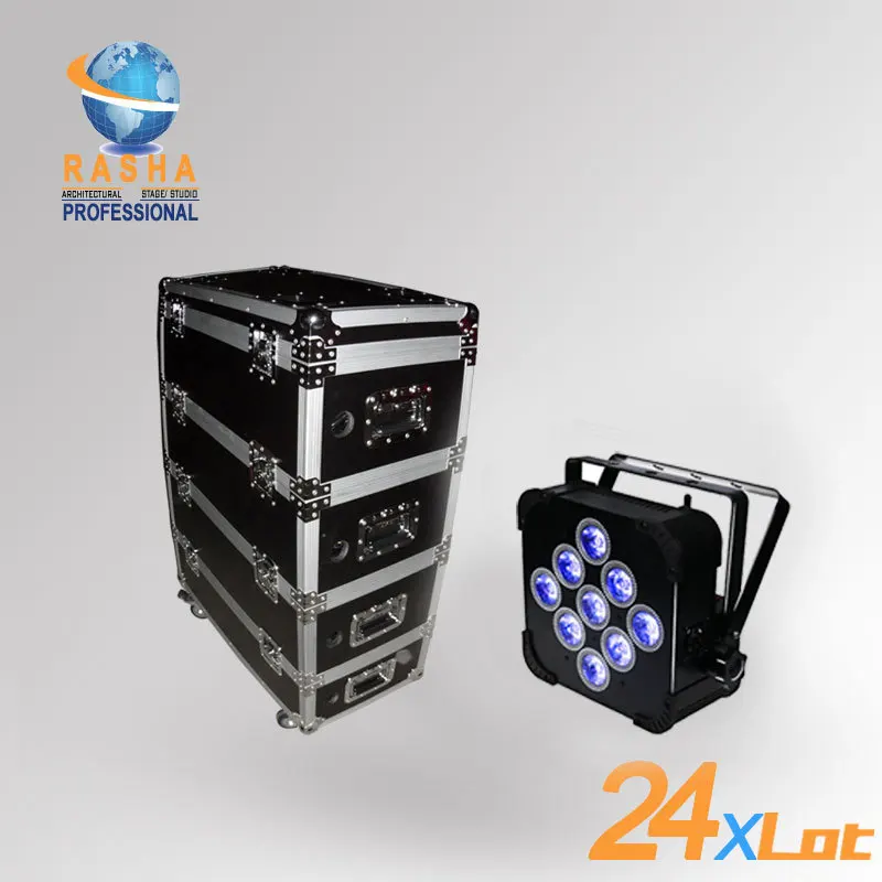 

24pcs/LOT 9pcs*10W 4IN1 RGBW/RGBA Battery Powered Wireless LED Flat Par Light,LED Slim Par Can With Stackable Charging Road Case
