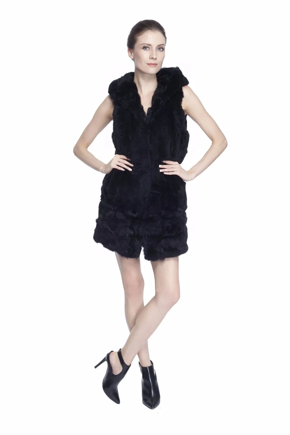 black puffer ZY88012 Women Elegant Real Winter Rex Rabbit Fur With Hooded Long Fur Vest Waistcoat Gilet Slim Fur Vest petite long puffer coat