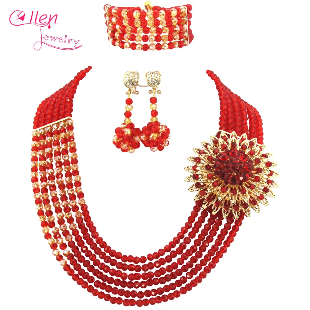 

Radiant Red 6 Rows African Nigerian Wedding Crystal Beads Necklaces Bracelet Earrings Wedding bridal necklace Jewelry Set WS5085