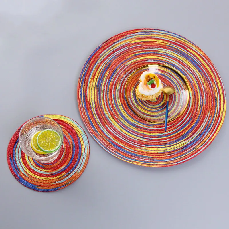 Радужная цветная тарелка для столовых приборов, крашеная атласным краем рами, хлопчатобумажная пряжа, тканый коврик для чашки, круглая тарелка, коврик, индивидуальная мантия, столовая подставка, набор