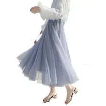 Негабаритных весенние женские винтажные Юбки эластичный Высокая талия длинная юбка в пол из тюля Женская гофрирующая юбка Saias Faldas, Jupe, f366