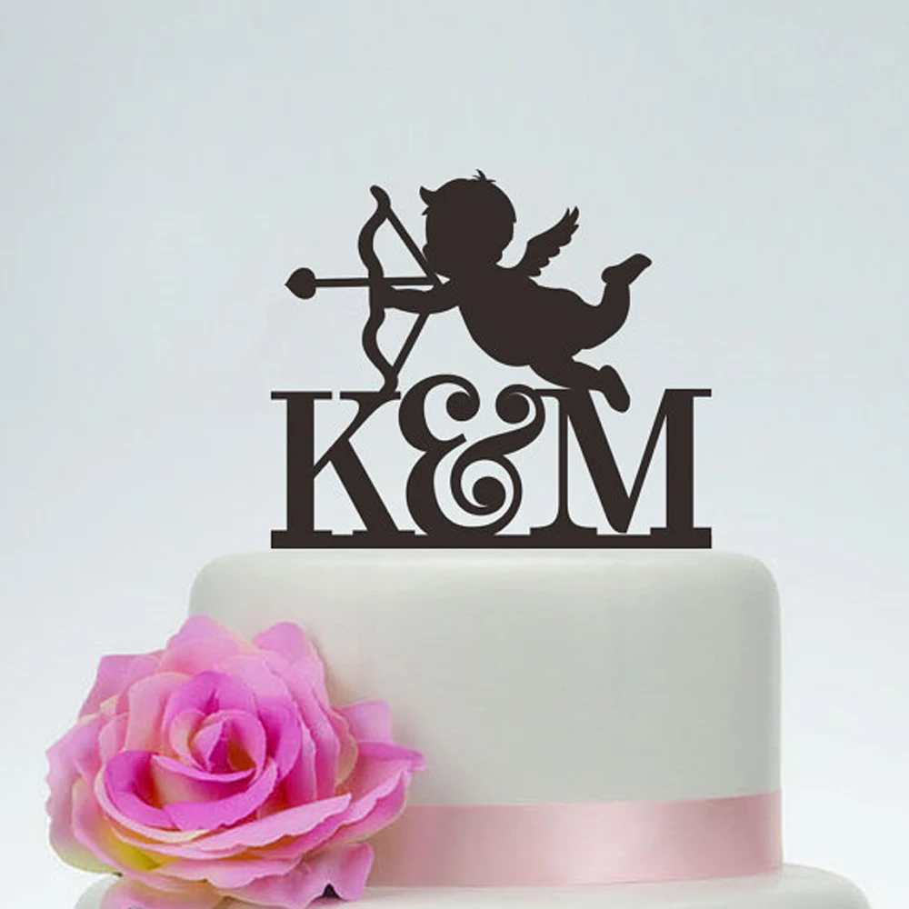 Angle Wedding Cake Topper With Initials And Cupid,unique Acrylic Silver Personalized Cake Topper,Custom Cake Topper with love.