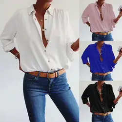 2019 для женщин Твердые v-образным вырезом кнопка с длинным рукавом Свободная футболка Блузки Рубашки Топы S-XL