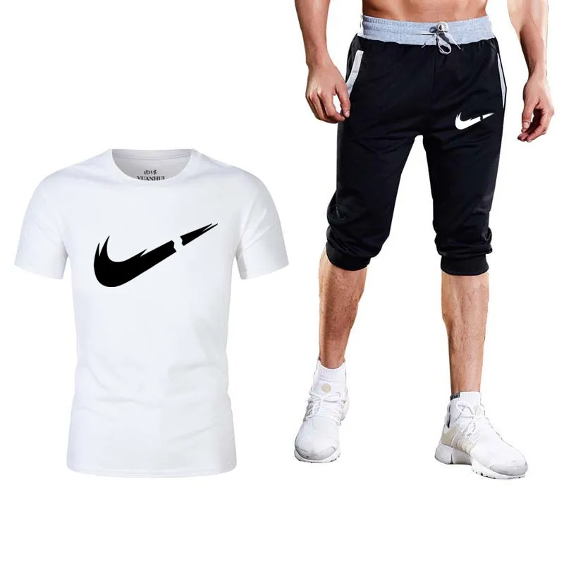 

2019 New quality men's T-shirt sports suit 2 men's fitness short-sleeved running suit printing cotton running suit