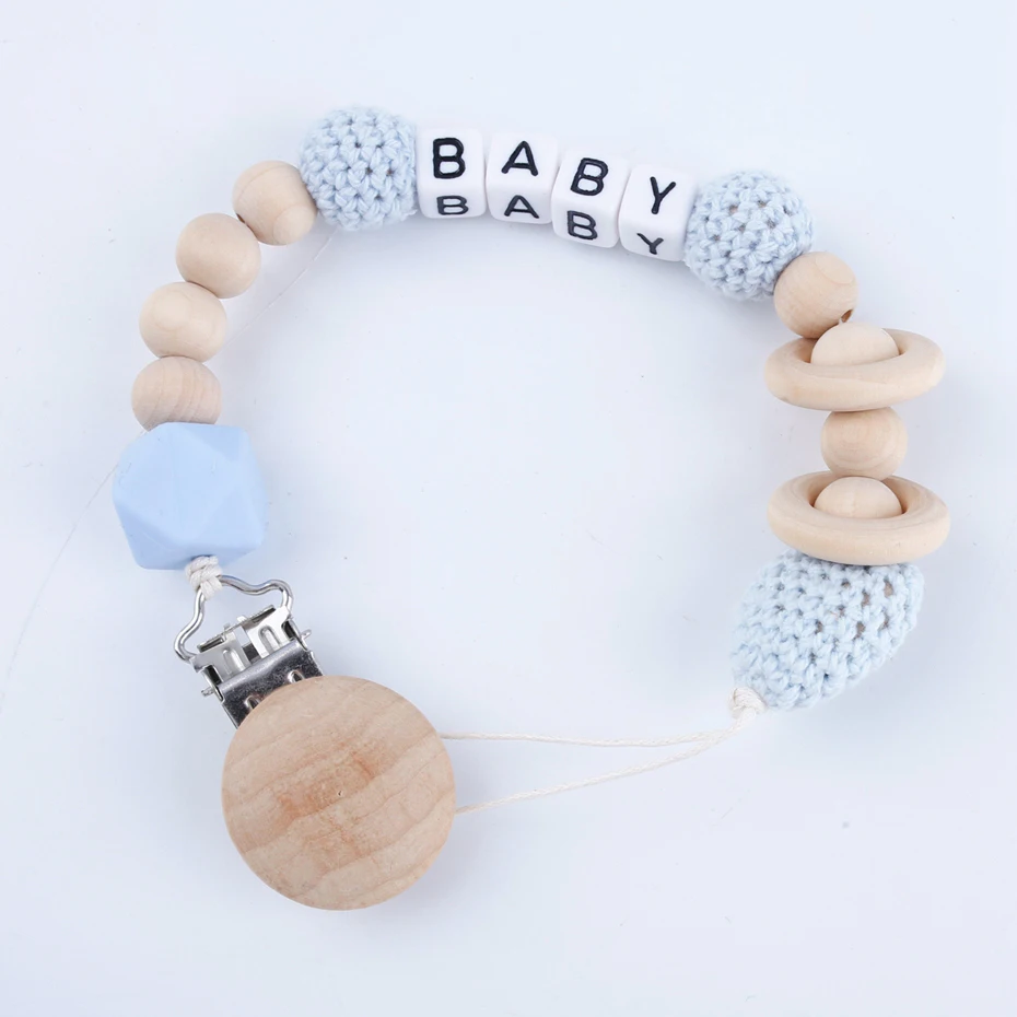 1PC Personalised Teether Clip Pink Cute Pacifier Chain Holder Baby Shower Gift Wooden Crochet Beads DIY Crafts Pacifier Clip