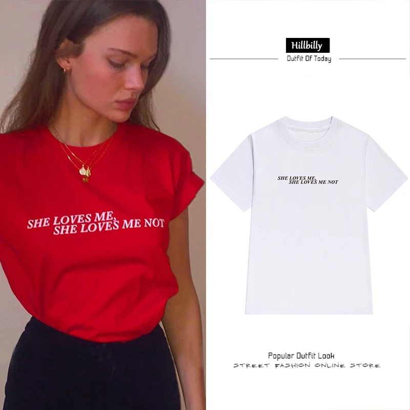 

Hillbilly New 2019 Fashion England Style Red She Love Me She Love Me Not Cotton T-shirts for Women Brand Loose Tops & Tees D2-30