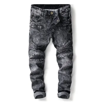 

2019 New Fashion Motorcycle jeans Men's Slim Small Straight pants Men's Pleated trousers Stitching Men's trousers Size 29- 38