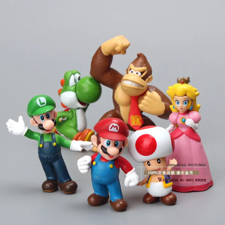 Free Shipping Super Mario Bros Peach Toad Mario Luigi Yoshi Donkey Kong PVC Action Figure Toys Dolls 6pcs/set New in Box SMFG218
