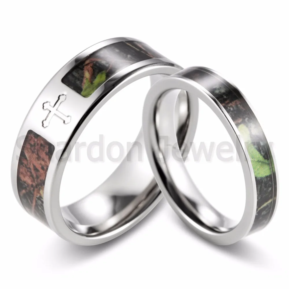 Shardon Couple Cross Camo Engagement Wedding Ring Set Titanium Green