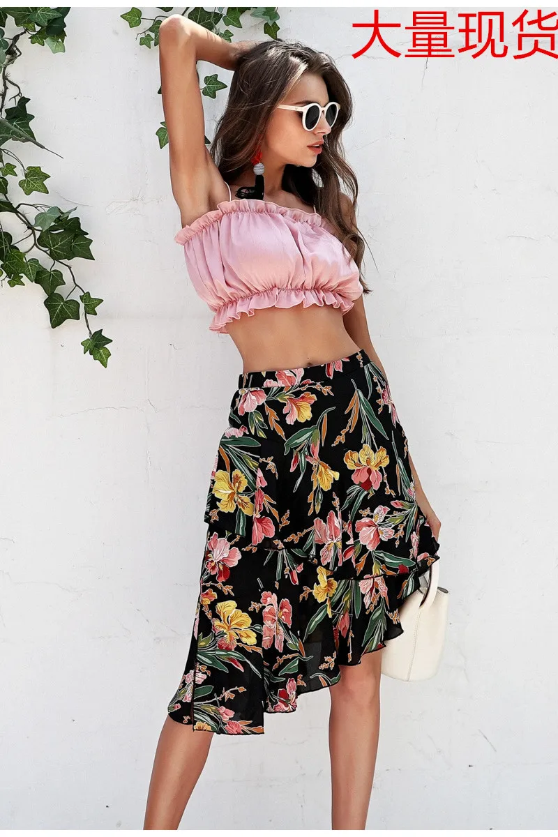 Повседневная сексуальная Свободная Женская юбка с цветочным разрезом плиссированные женские юбки средней талией длиной до колена пляжная юбка