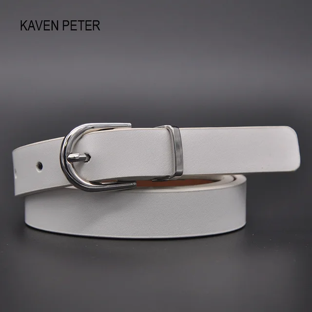 Lady White Pu Belt With Silver Buckle And Loop Simple Narrow White Belt For Women Fashion