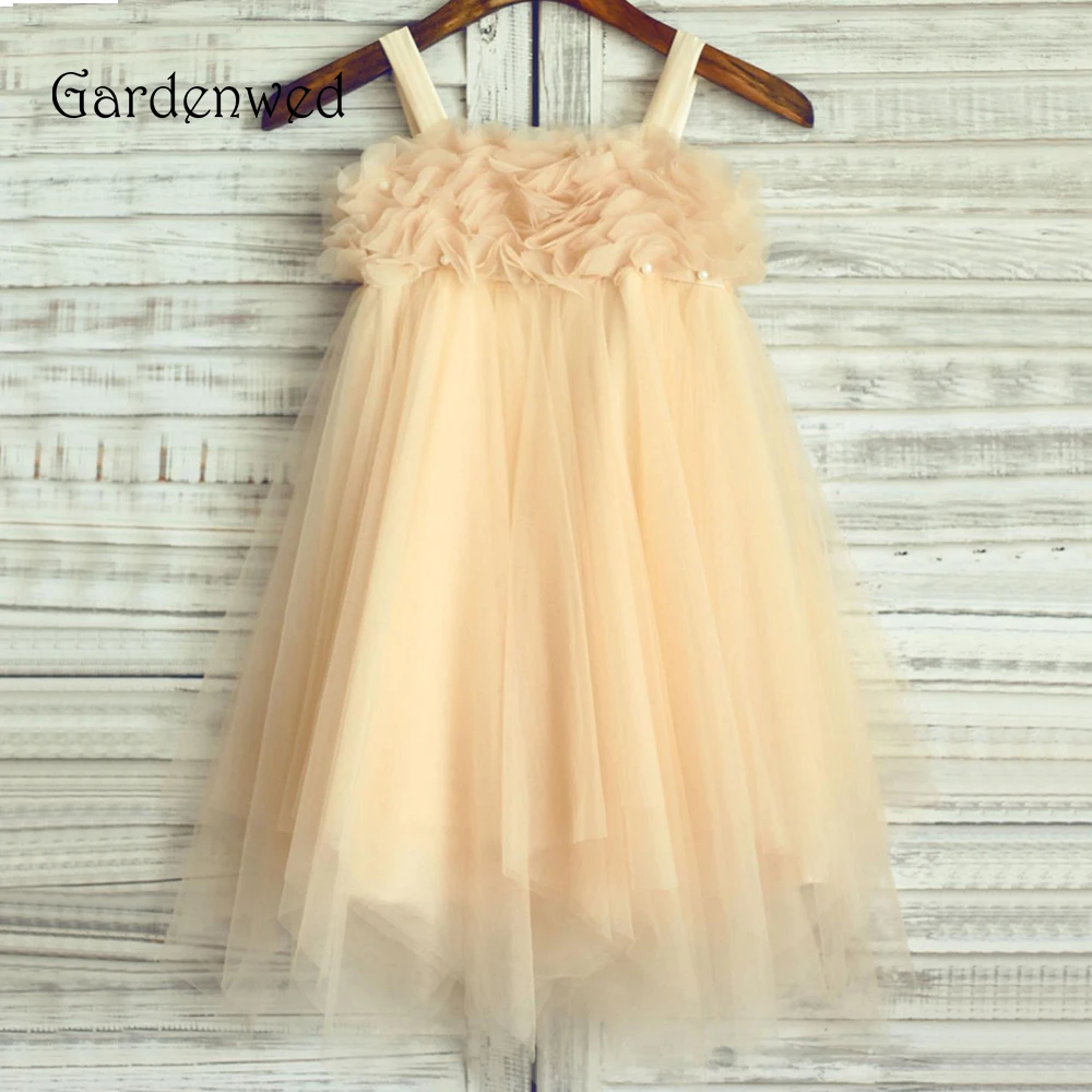 

Gardenwed Beach Champagne Flower Girl Dress 2020 Empire Tulle Kids Child First Communion Dress Girl Pageant Baby Dress