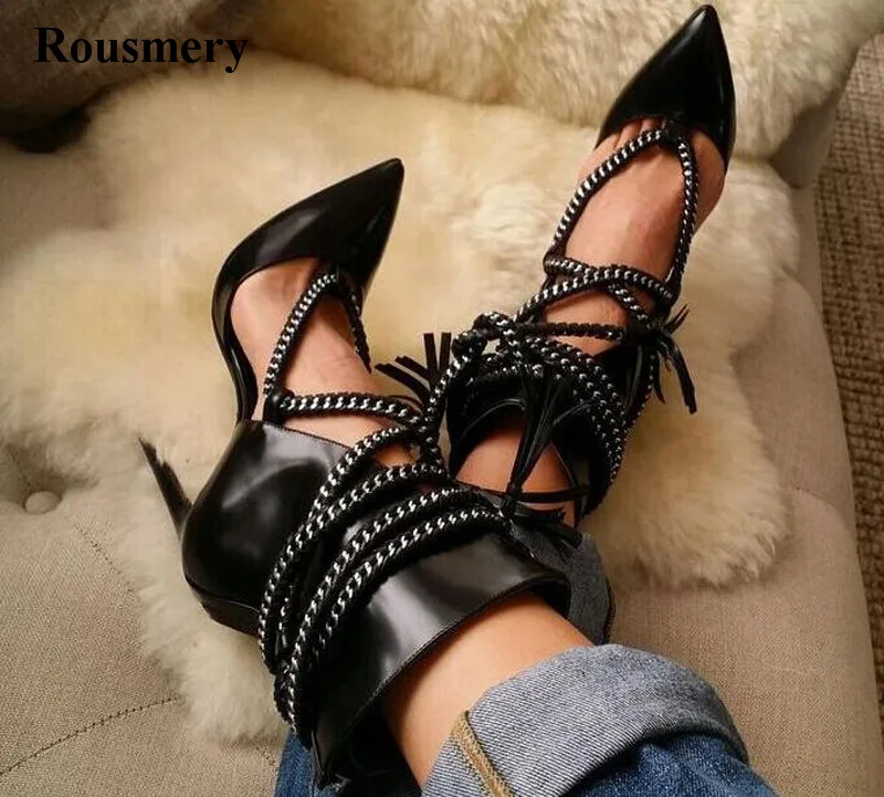Women Fashion Design Pointed Toe Lace-up Gladiator Boots Cut-out Rope-up High Heel Mid-calf Boots Western Style Street Shoes