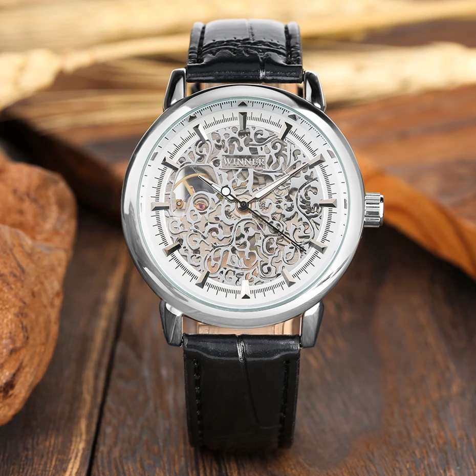 WINNER Watch Men Silver Skeleton Mechanical Hand-Winding Men's Watch Classic Leather Strap Business Male Gear Watch Montre Homme 2019 2020 2021 2022 (5)